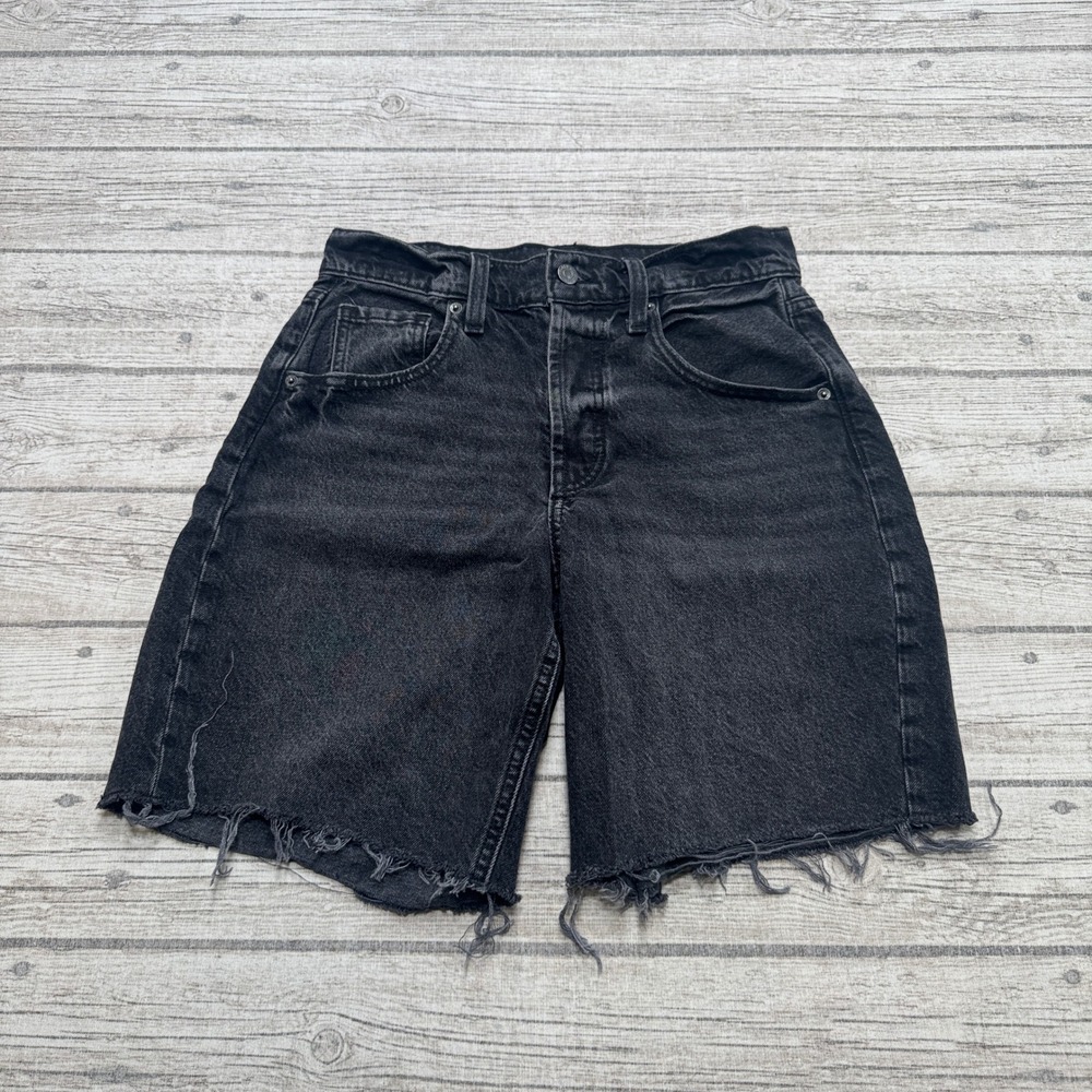 Old Navy Shorts Women's 0 Black Denim Mid-Rise Baggy Button Fly Cut Off Grunge